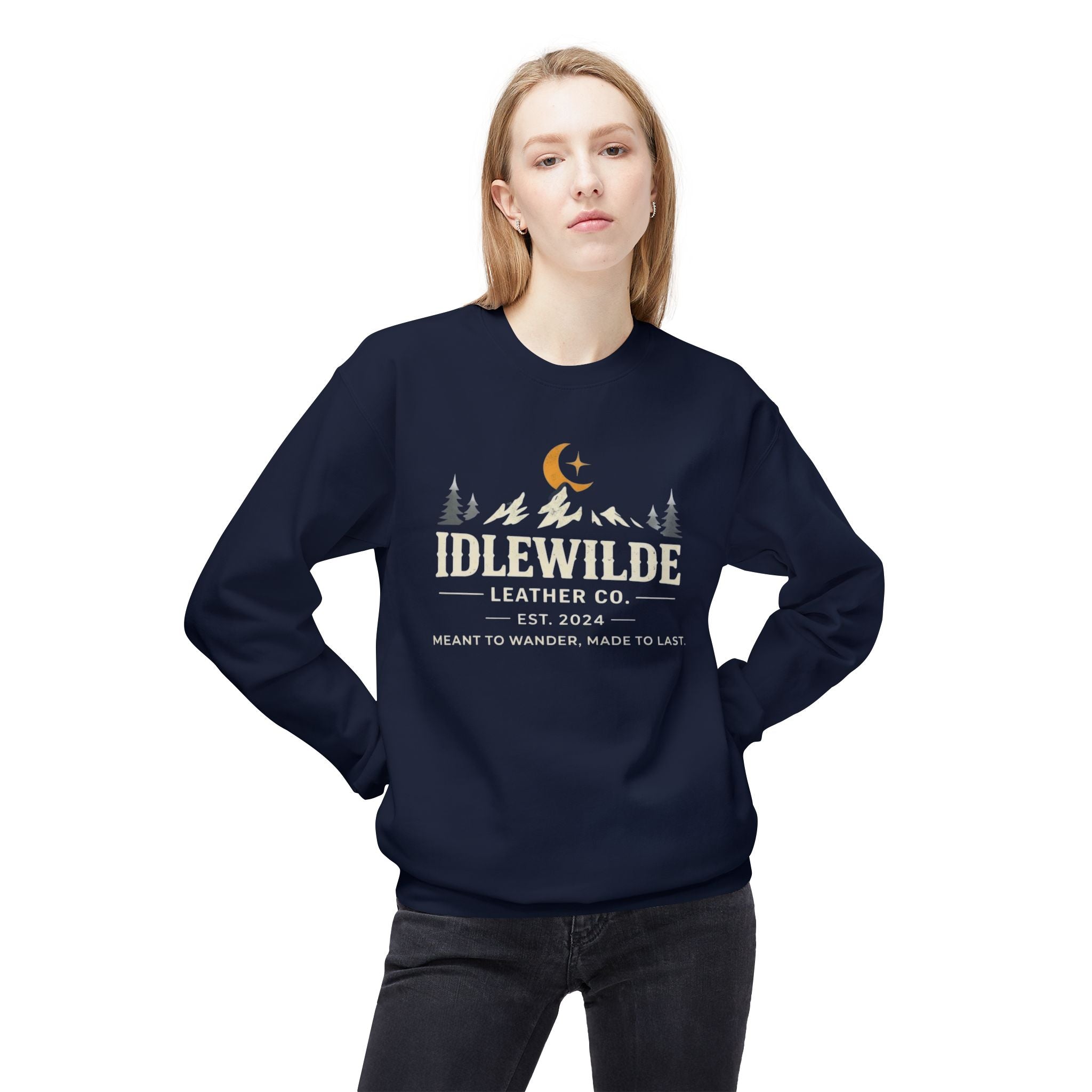 Idlewilde Leather Co. logo Sweatshirt | Mountain Camp Moon Camping Crewneck