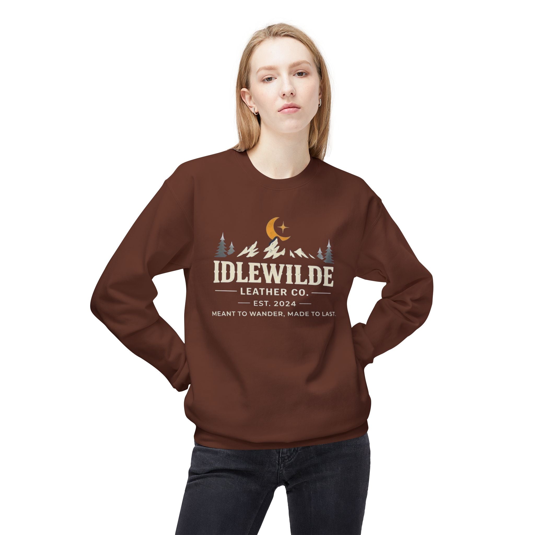 Idlewilde Leather Co. logo Sweatshirt | Mountain Camp Moon Camping Crewneck