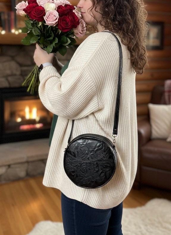 Caswell Circle Crossbody in Black Embossed Rose