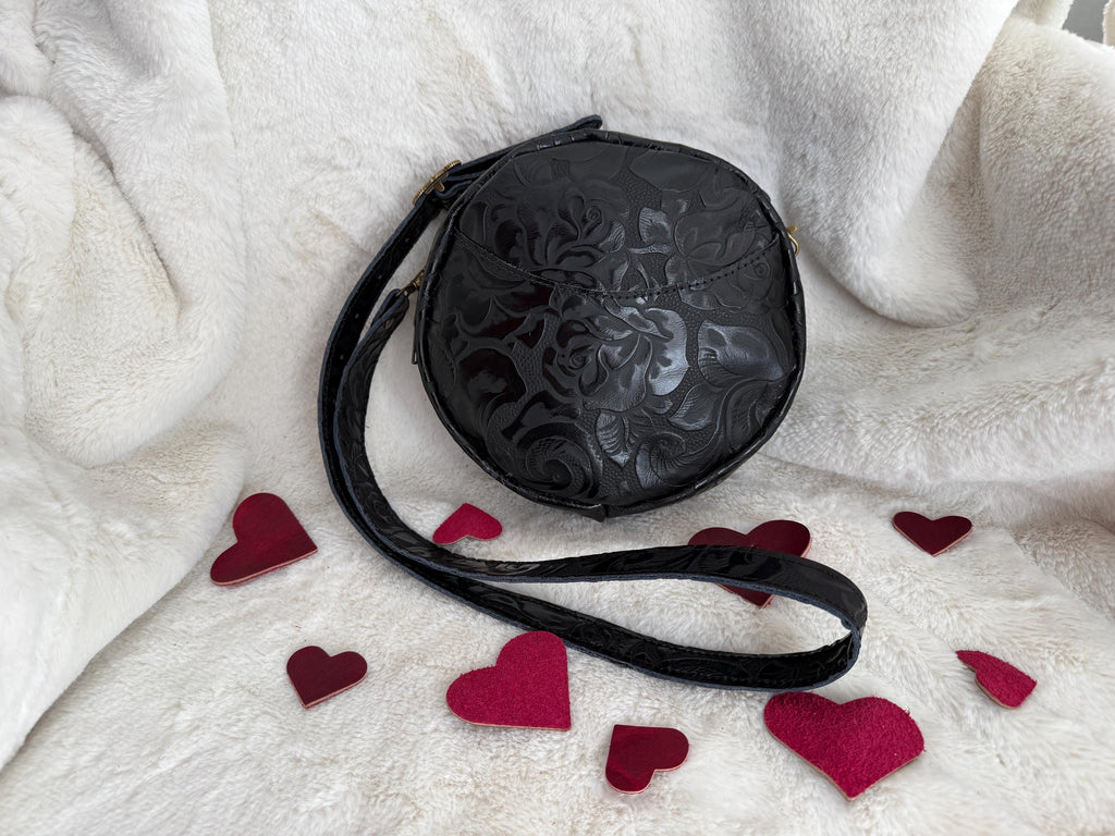 Caswell Circle Crossbody in Black Embossed Rose