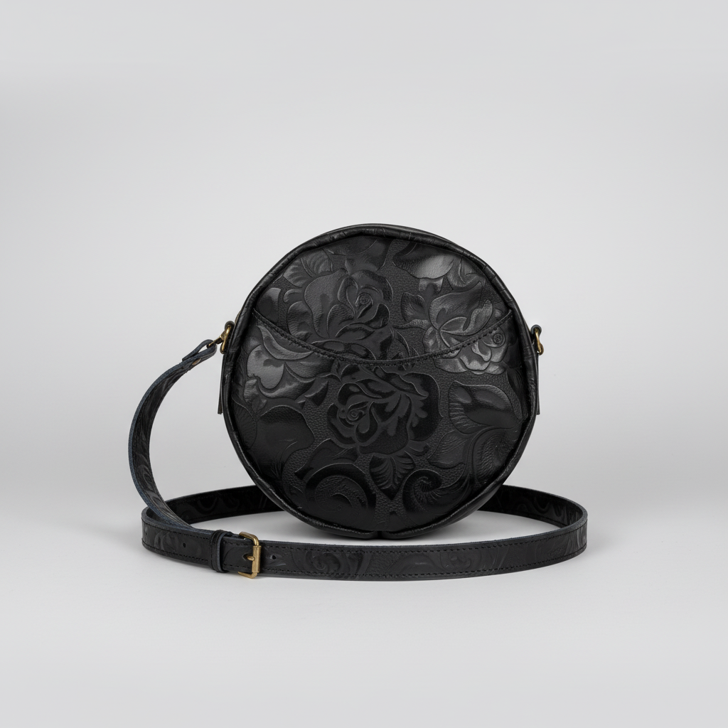 Caswell Circle Crossbody in Black Embossed Rose