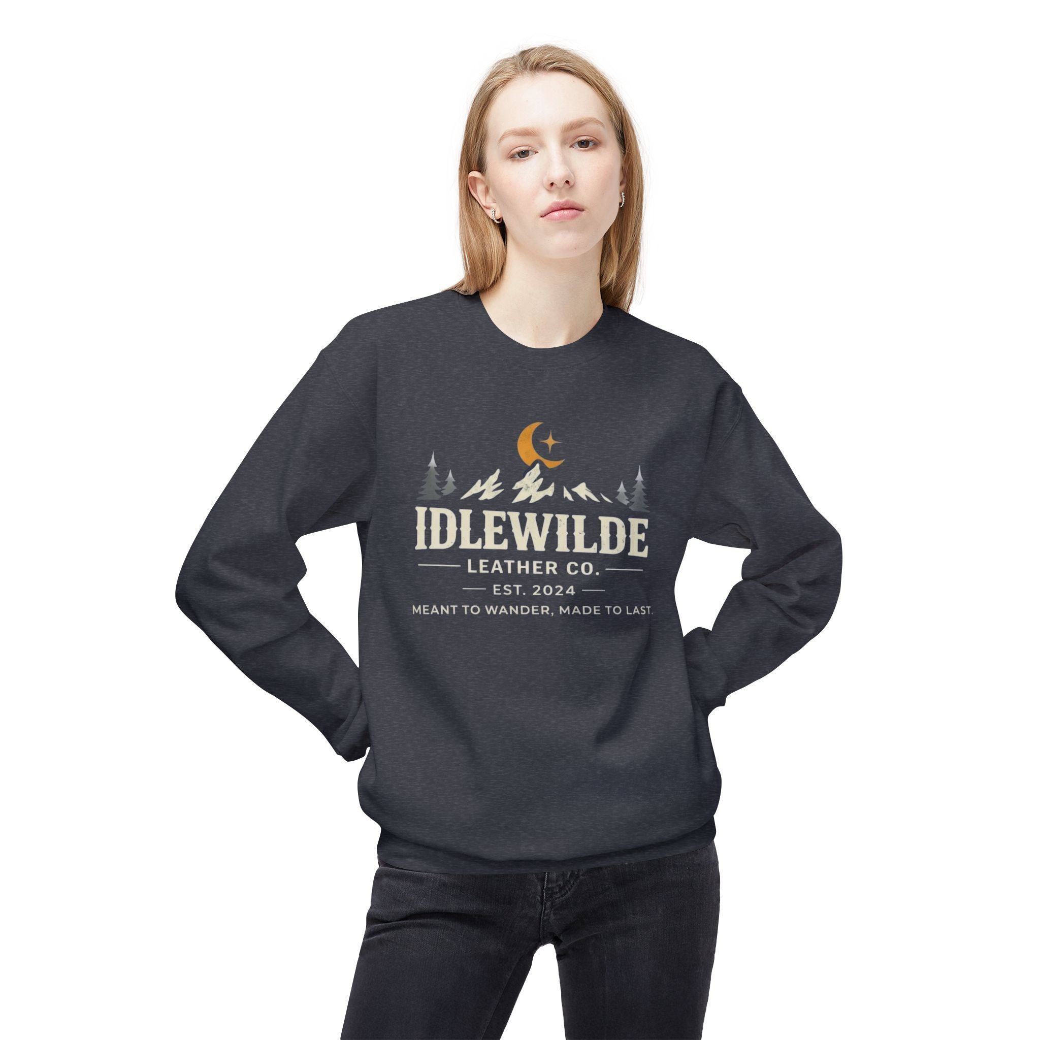Idlewilde Leather Co. logo Sweatshirt | Mountain Camp Moon Camping Crewneck