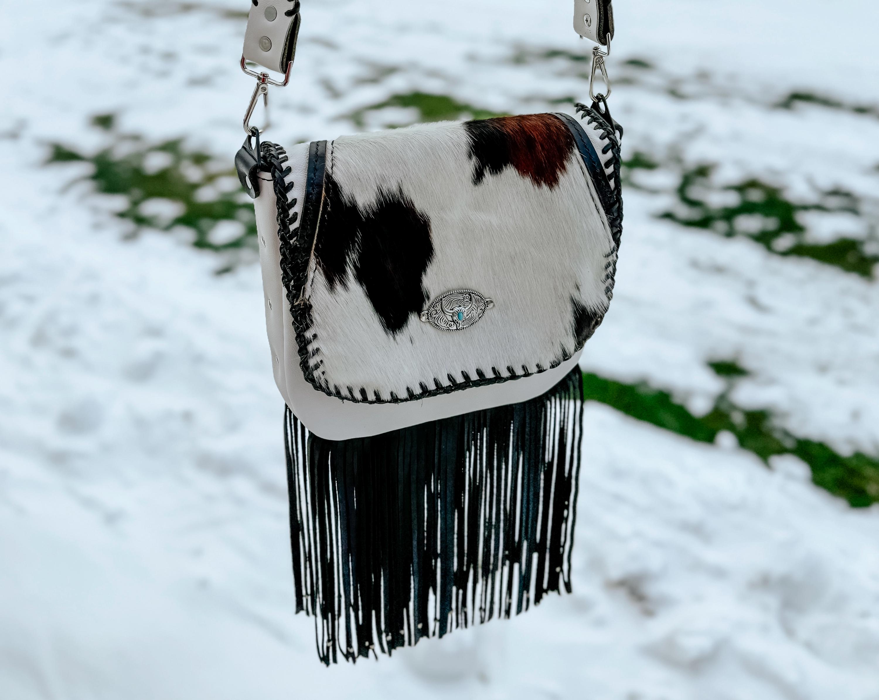 The Alice Bag in Tricolor Cow Hide and white leather