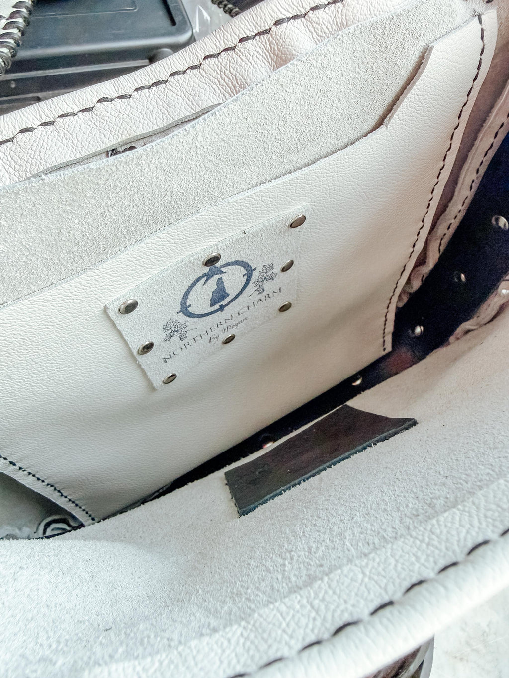 The Alice Bag in Tricolor Cow Hide and white leather