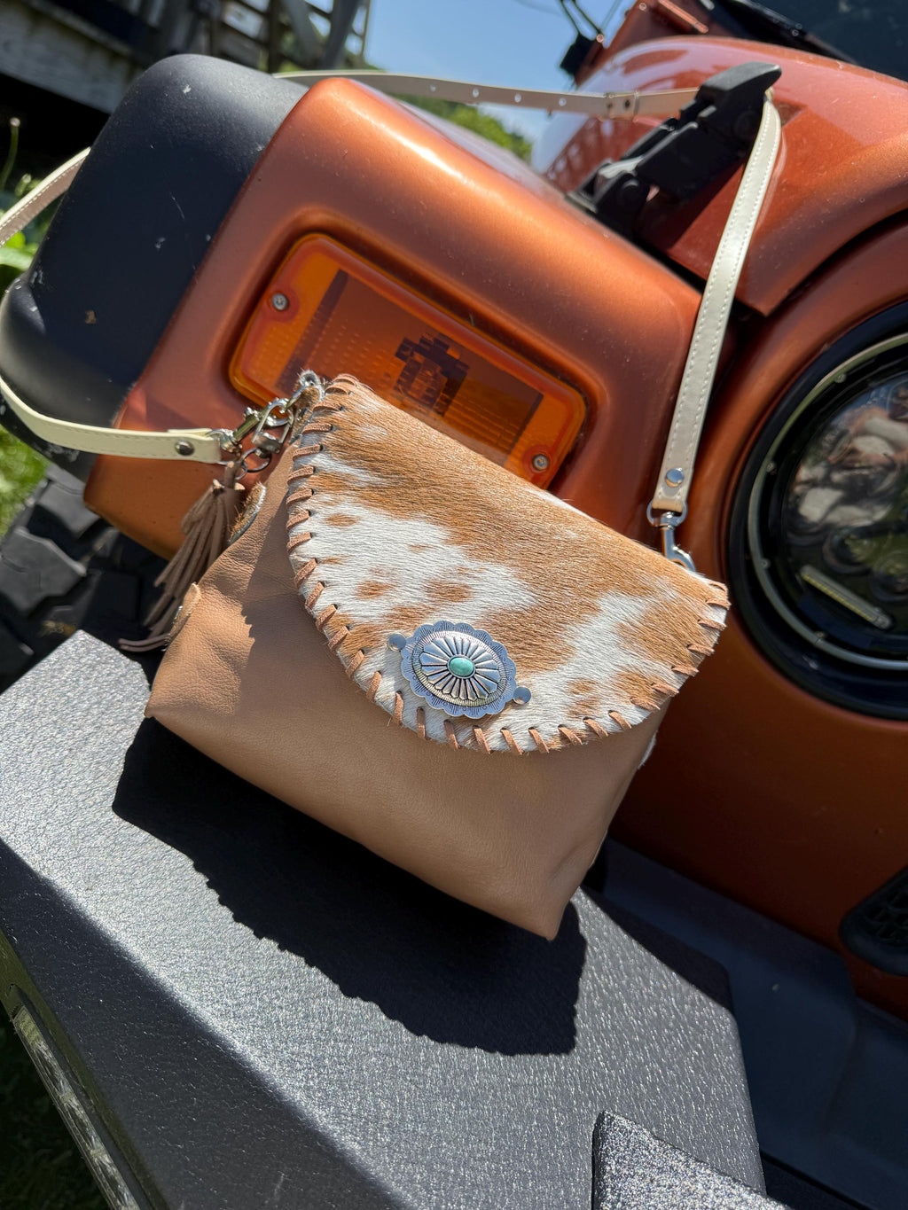 Small Tan Soft Leather with Cow Hide Crossbody Bag, Handmade, One-of-a-kind Purse