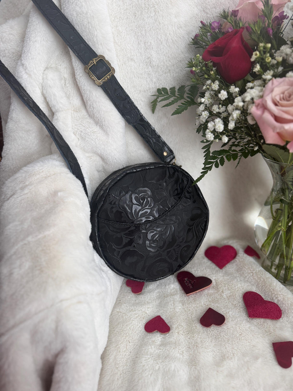 Caswell Circle Crossbody in Black Embossed Rose