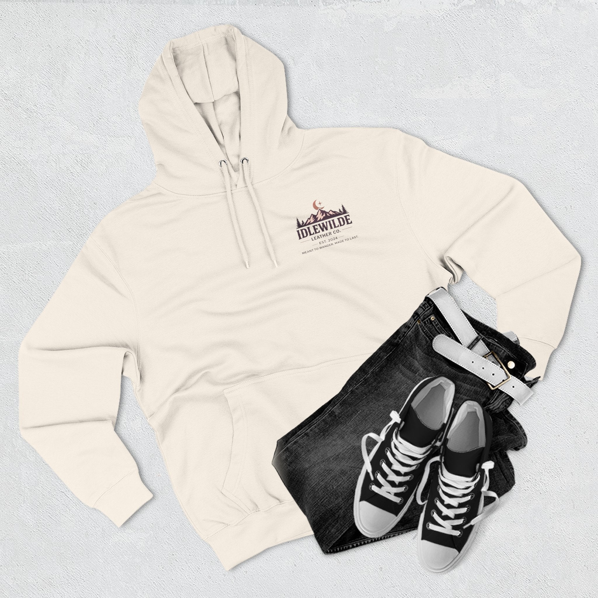 Idlewilde Leather Co. mountain logo Hoodie | adventure outdoor moon trees