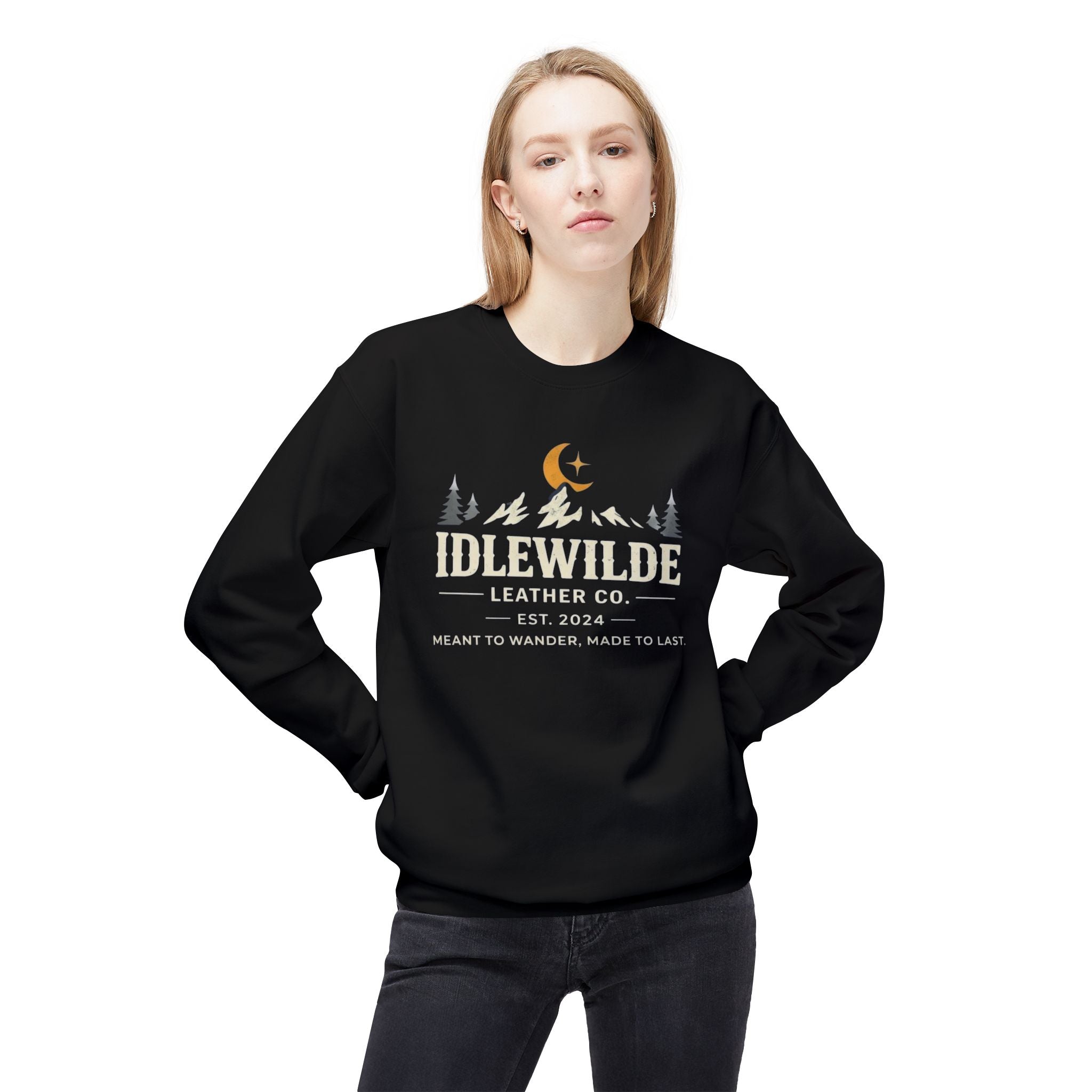 Idlewilde Leather Co. logo Sweatshirt | Mountain Camp Moon Camping Crewneck
