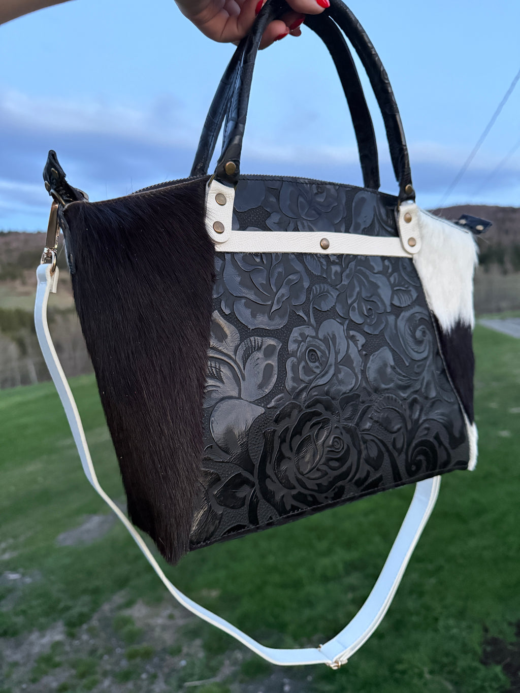 The Boundary Satchel - Western Chic Embossed Roses with Cowhide