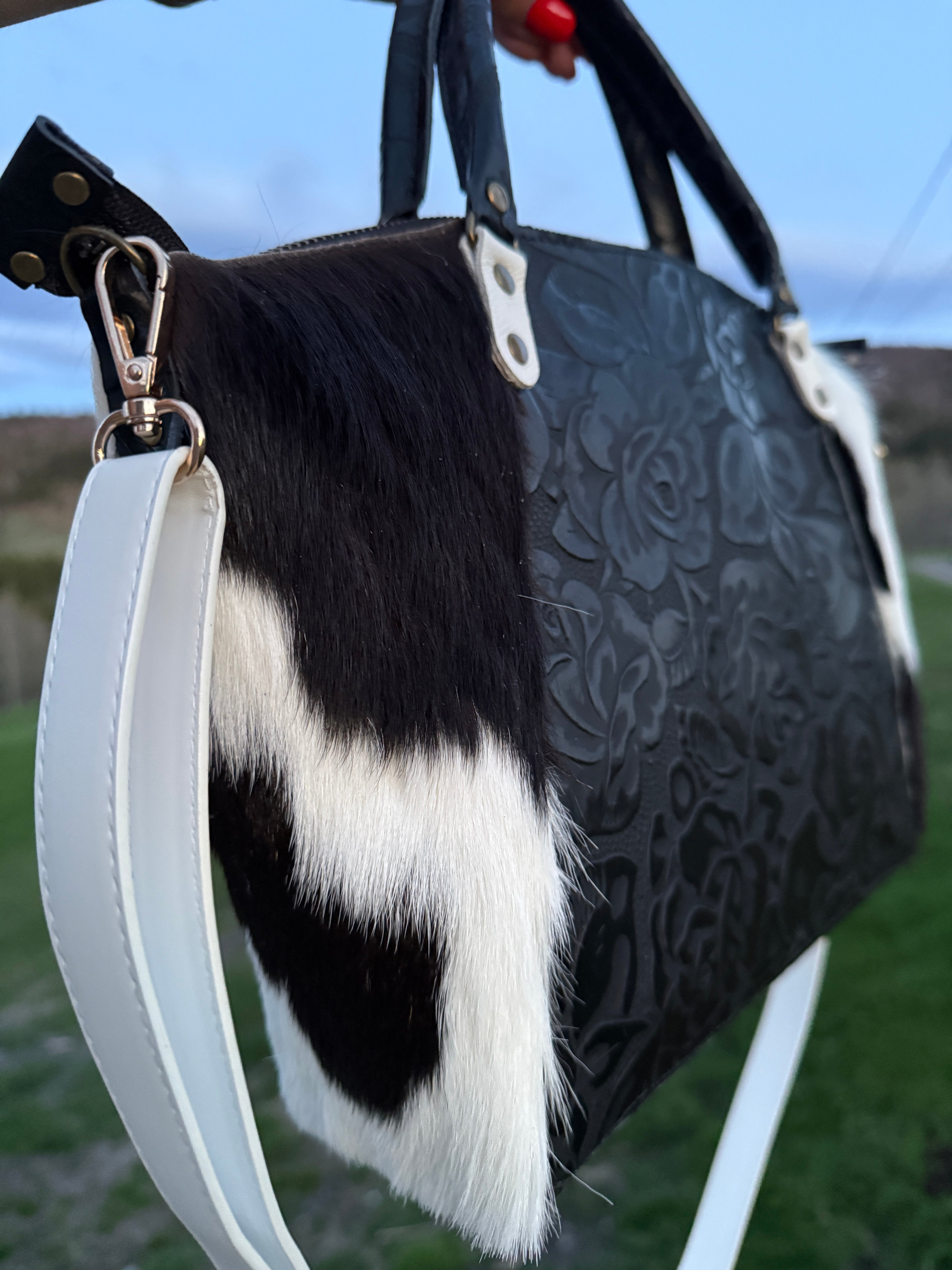 The Boundary Satchel - Western Chic Embossed Roses with Cowhide