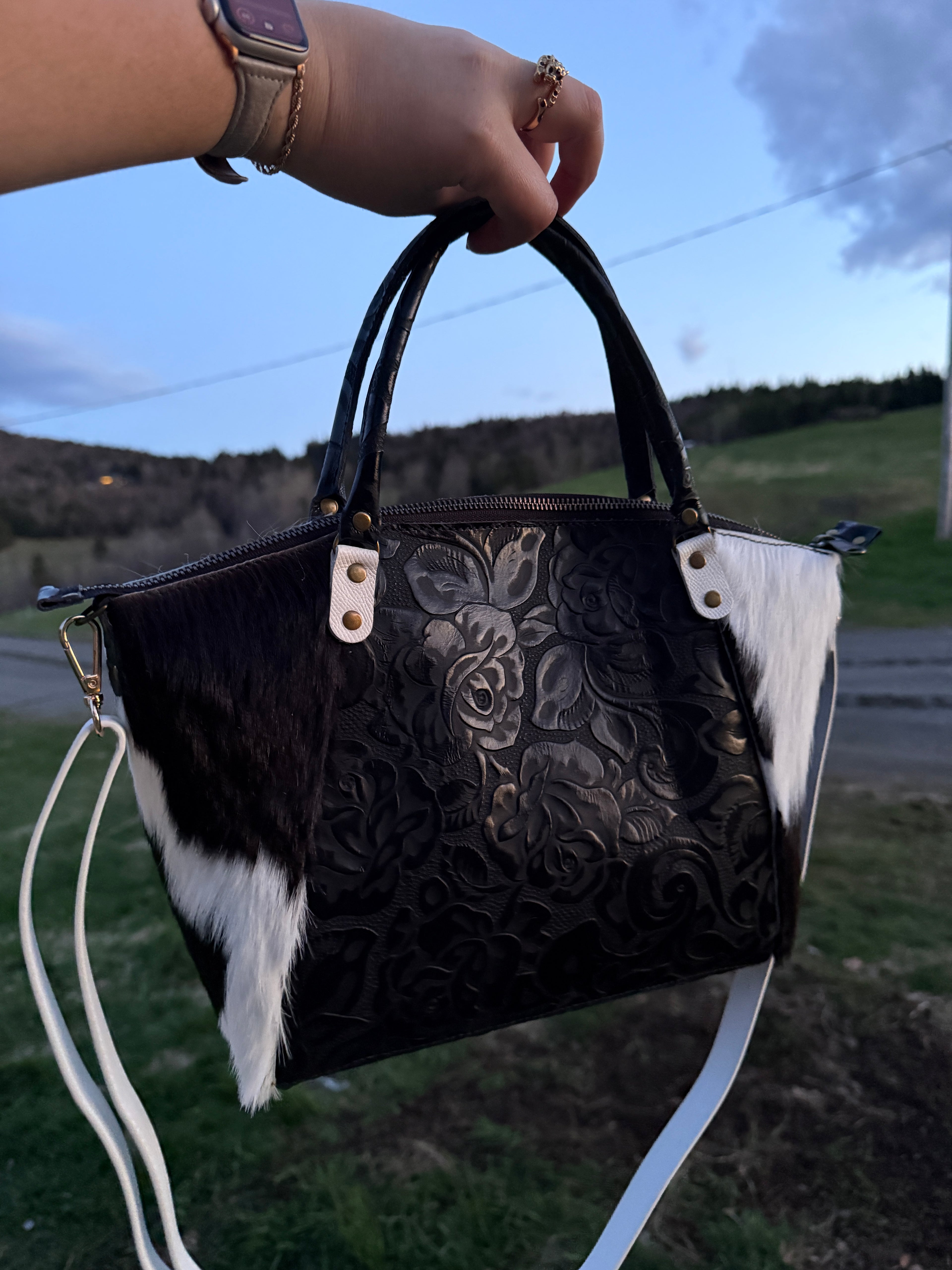 The Boundary Satchel - Western Chic Embossed Roses with Cowhide