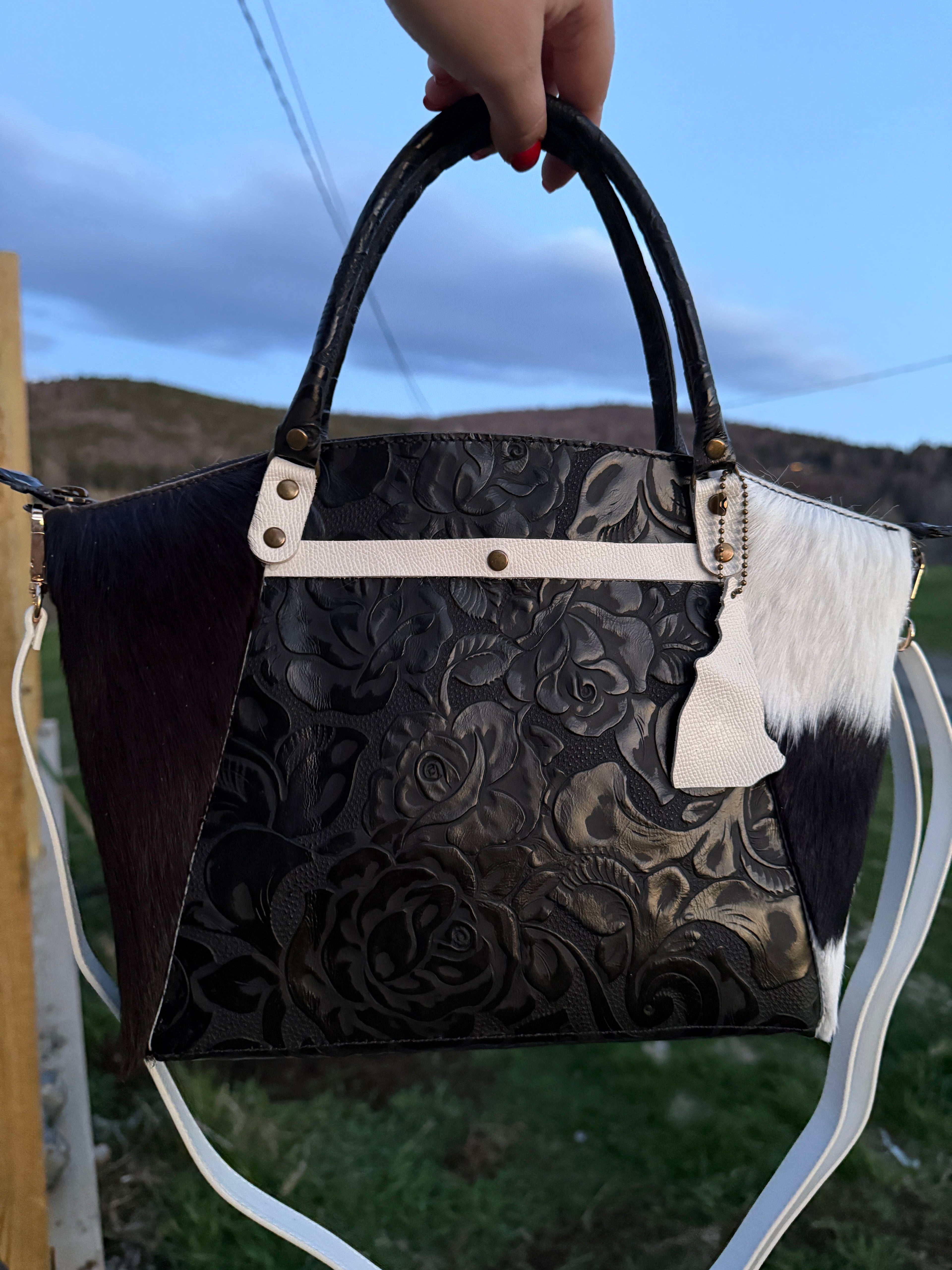 The Boundary Satchel - Western Chic Embossed Roses with Cowhide