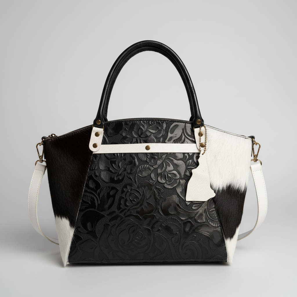 The Boundary Satchel - Western Chic Embossed Roses with Cowhide
