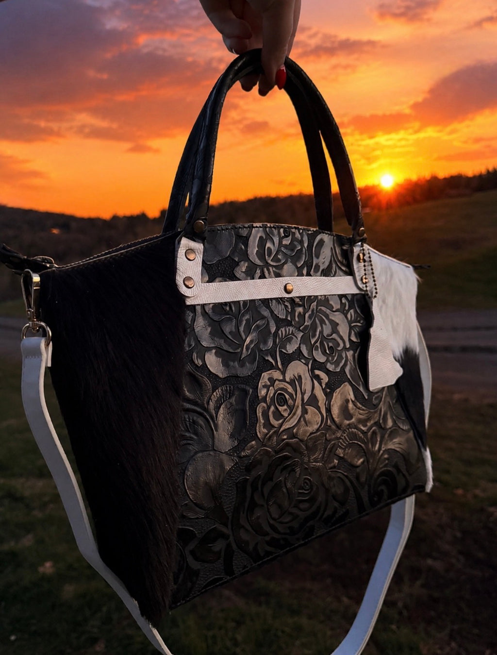 The Boundary Satchel - Western Chic Embossed Roses with Cowhide