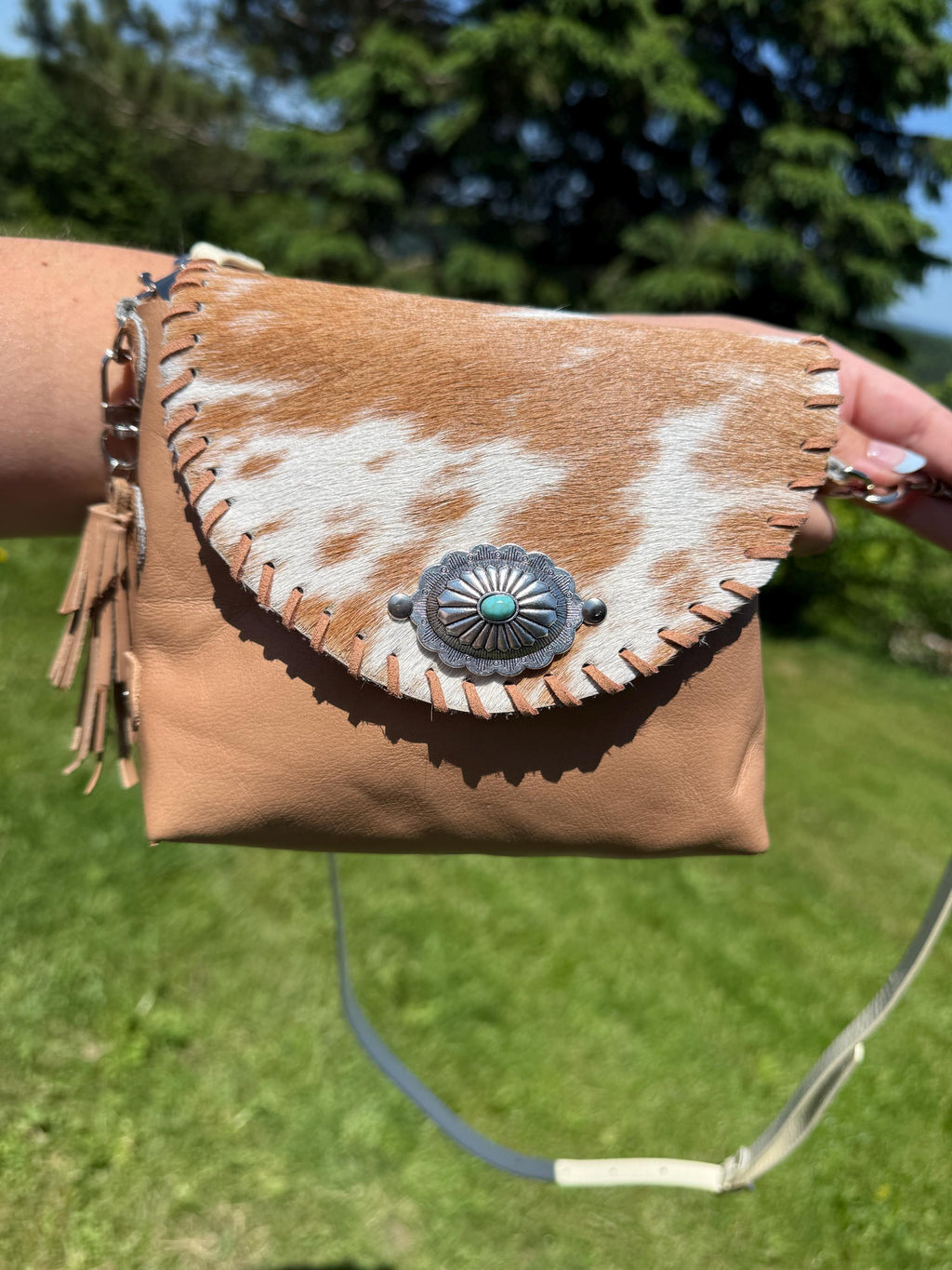 Small Tan Soft Leather with Cow Hide Crossbody Bag, Handmade, One-of-a-kind Purse