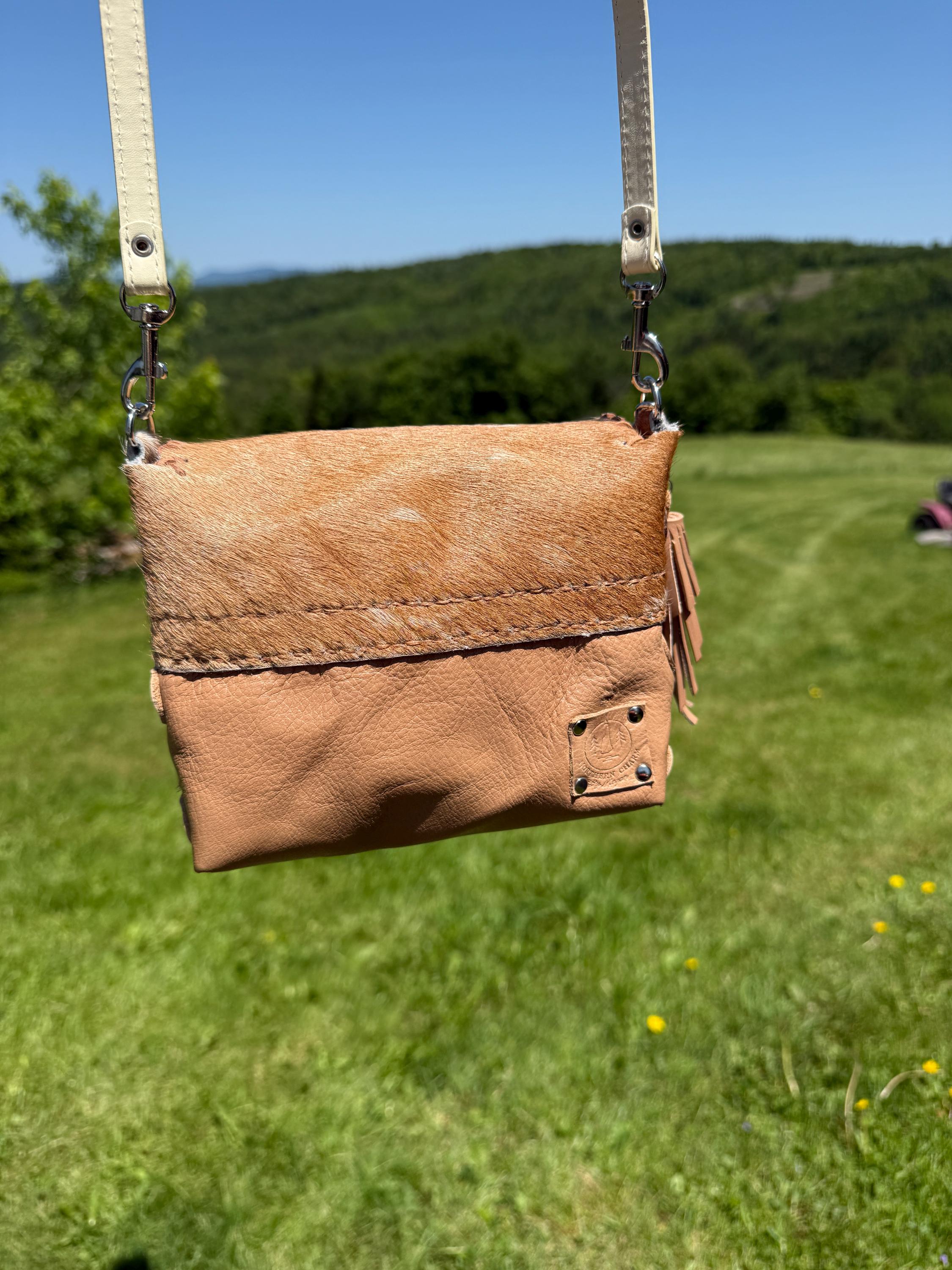 Small Tan Soft Leather with Cow Hide Crossbody Bag, Handmade, One-of-a-kind Purse