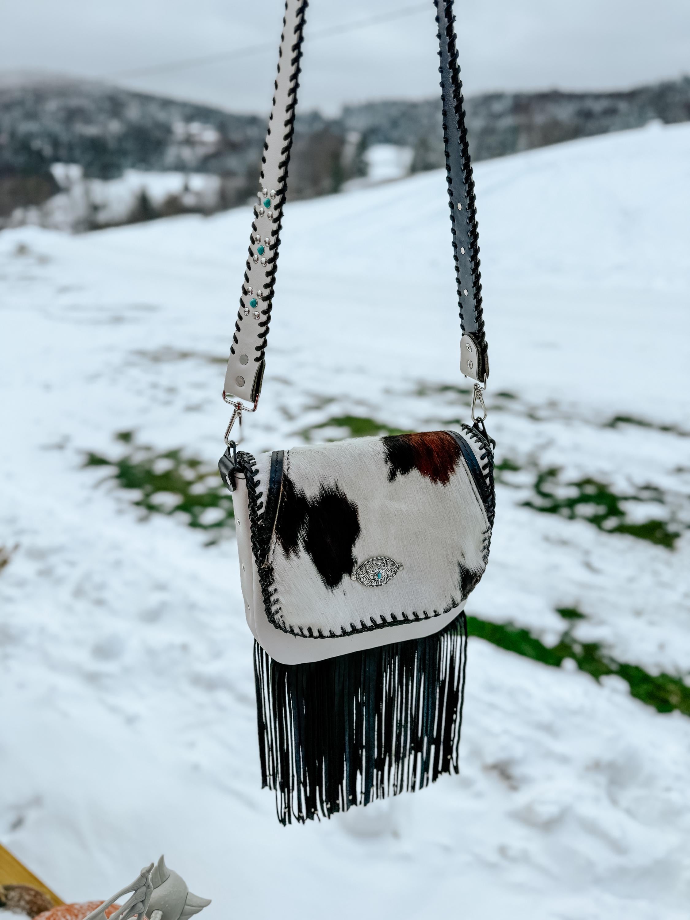 The Alice Bag in Tricolor Cow Hide and white leather